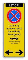 Koptekst + Verkeersteken + 4 tekstregels + Picto + tekstregel + Picto